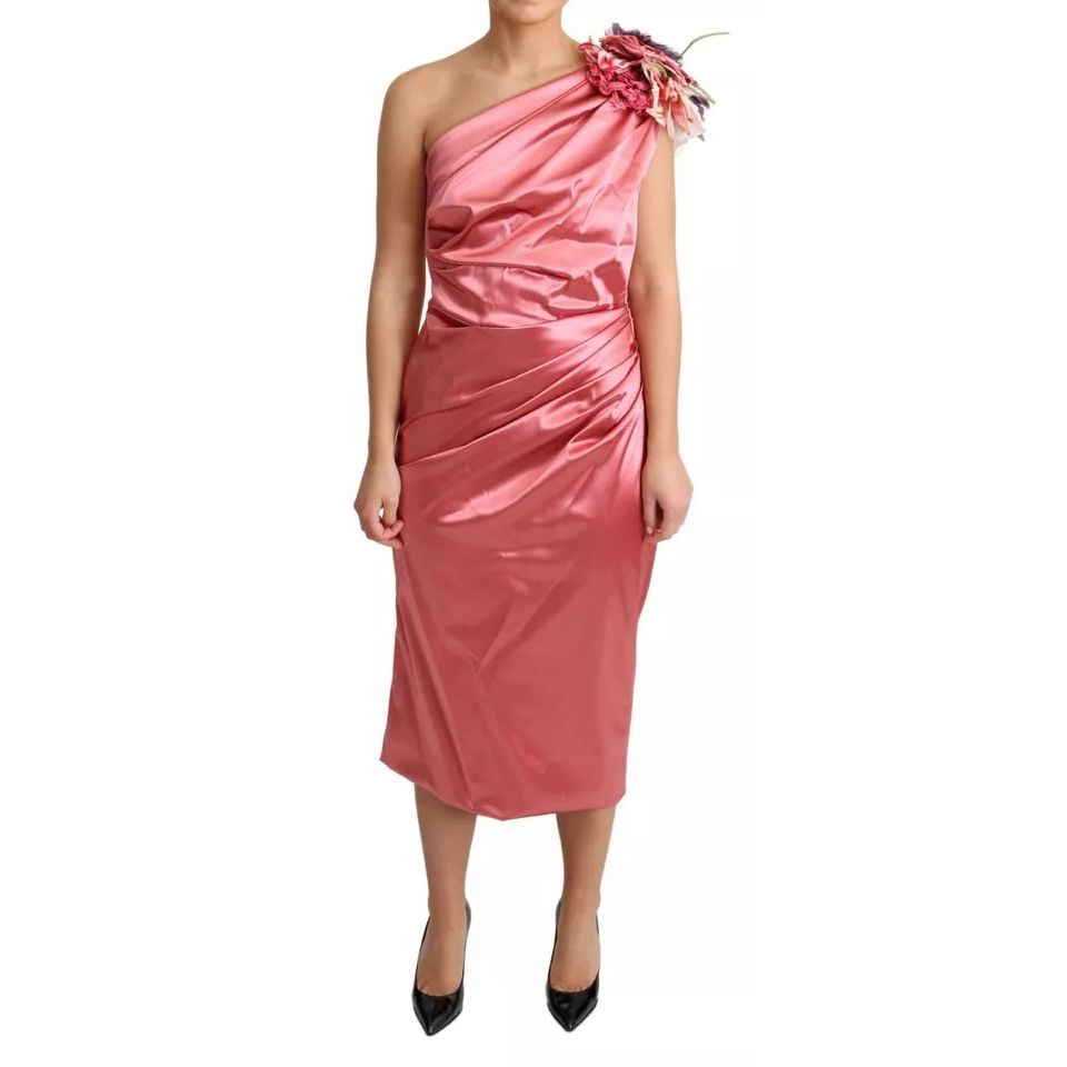 Dolce & Gabbana Pink Draped Midi Flower Applique Dress