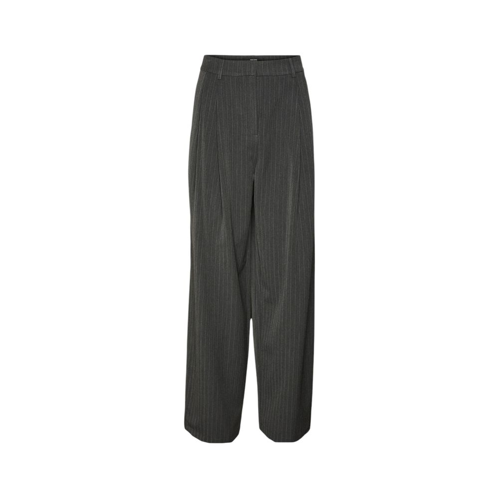 Vero Moda gray pinstripe palazzo pants for women made of polyester with wide-leg silhouette and mid-rise waist.