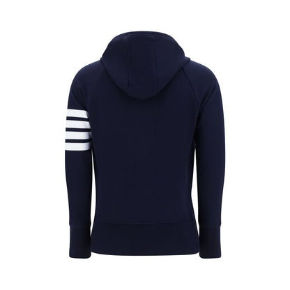Thom Browne Blue Cotton Sweatshirt with white sleeve bands, rear view showcasing hoodie and ribbed cuffs.