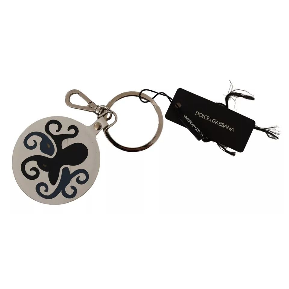 Dolce & Gabbana White Leather Printed Metal Silver Tone Keyring Keychain
