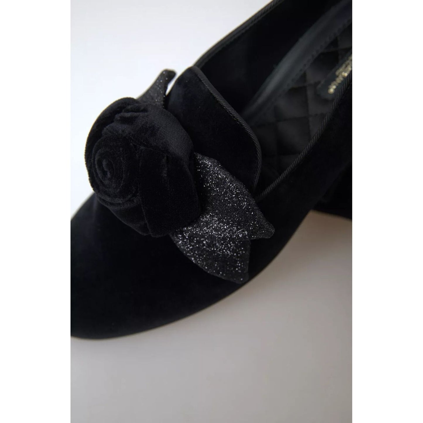 Dolce & Gabbana Black Velvet Flats Bow Young Queen Shoes