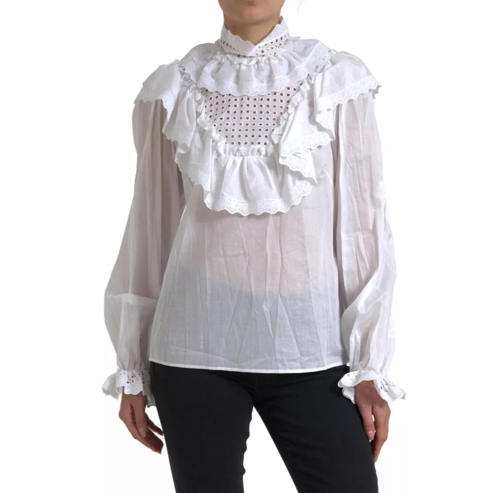 Dolce & Gabbana White Cotton Lace Trim Turtle Neck Blouse