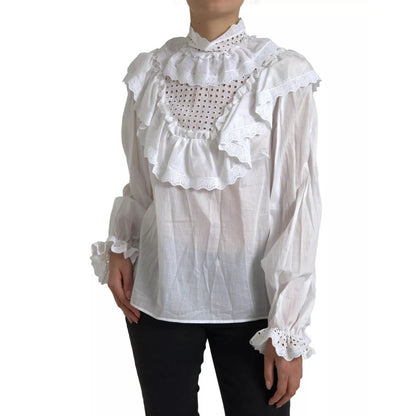 Dolce & Gabbana White Cotton Lace Trim Turtle Neck Blouse