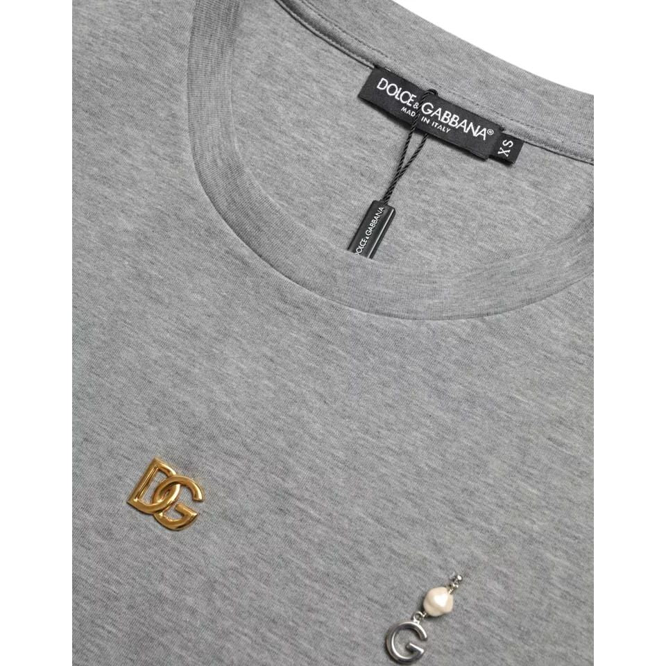 Dolce & Gabbana Gray Cotton Embellished Crew Neck  T-shirt