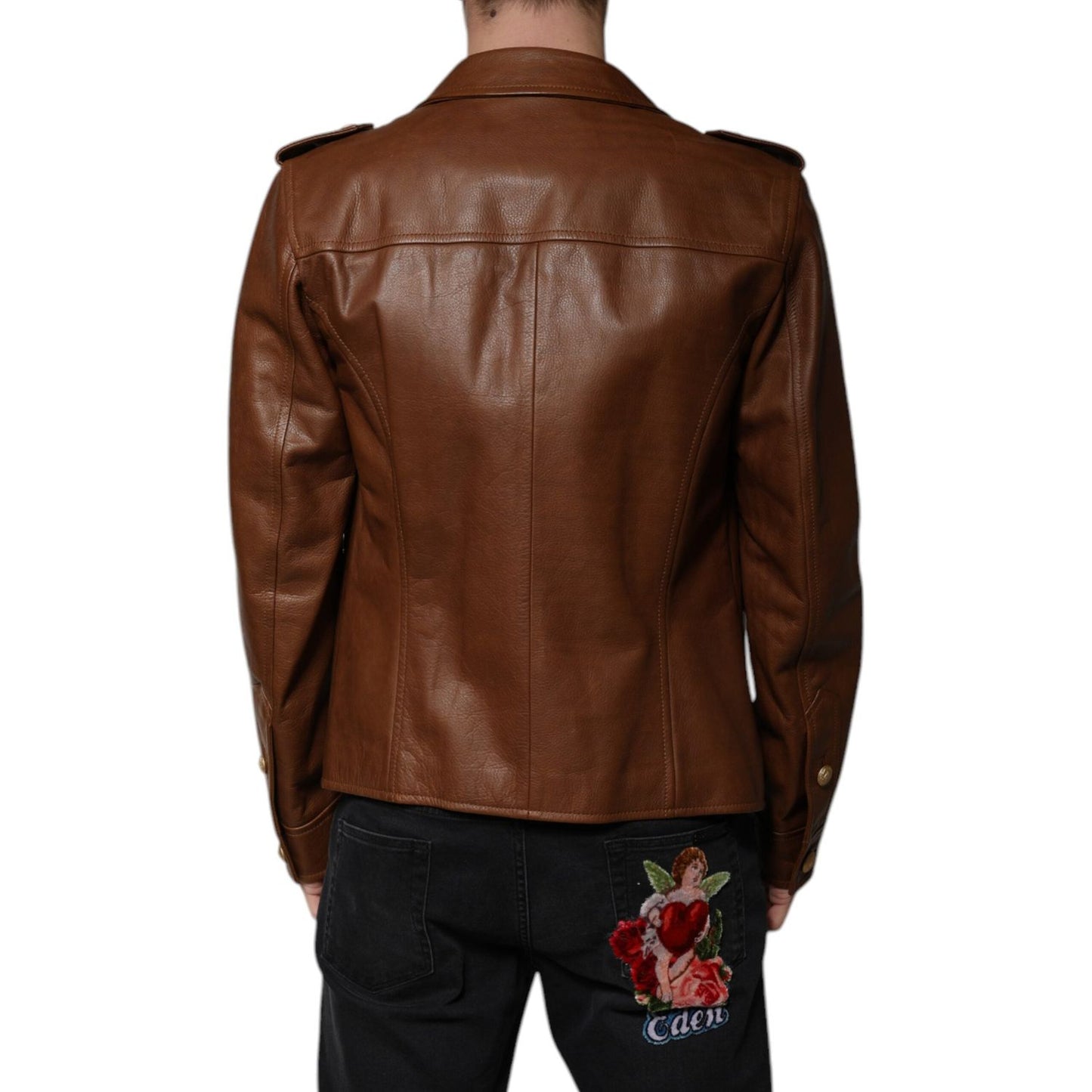 Dolce & Gabbana Brown Calfskin Leather Button Down Jacket JKT3447-50