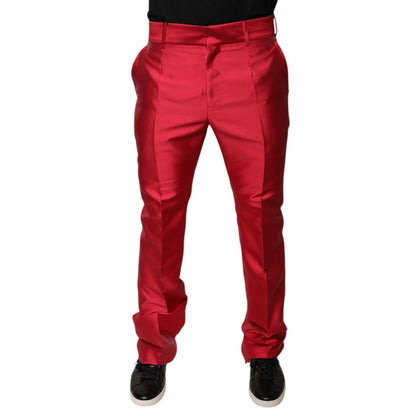 Dolce & Gabbana Red Silk Slim Fit Mid Waist Dress Formal Pants