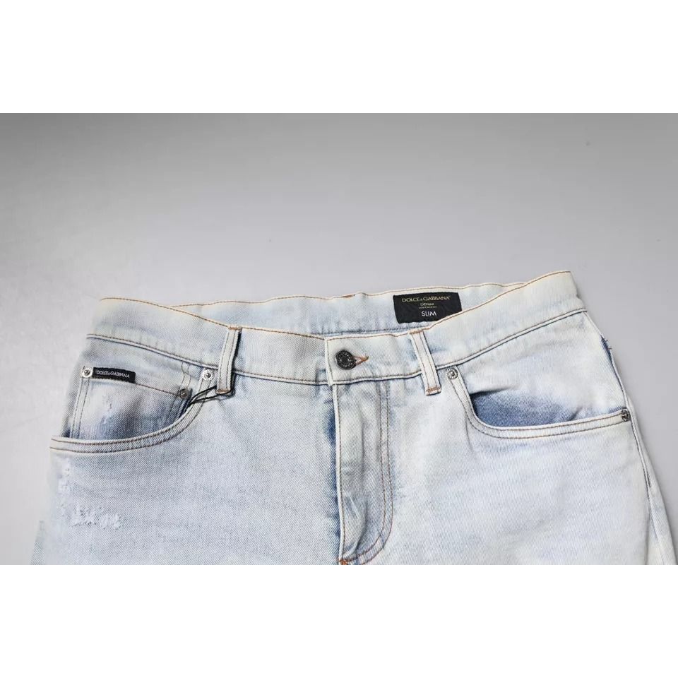 Dolce & Gabbana Light Blue Cotton Blend Tattered Skinny Denim Jeans