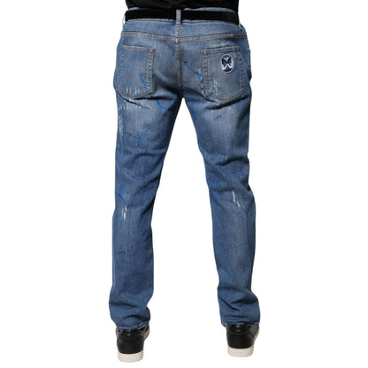Dolce & Gabbana Blue Cotton Stretch Tattered Skinny Denim Jeans