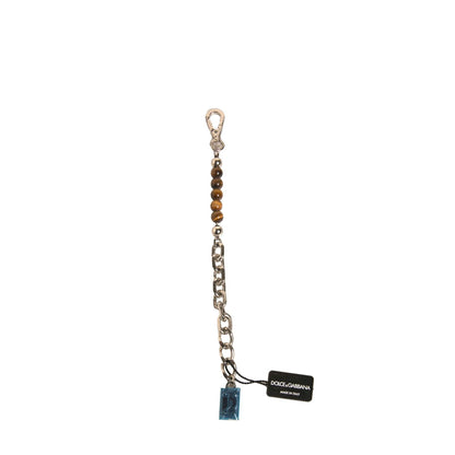 Dolce & Gabbana Silver Brass Chain Beaded Logo Plaque Keychain Keyring