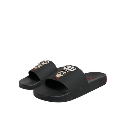 Dolce & Gabbana Black Leather Slides Sandals Beachwear Shoes