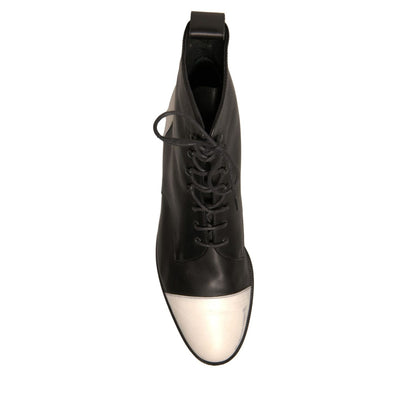 Sergio Rossi Black White Leather Lace Up Flats Ankle Boots Shoes