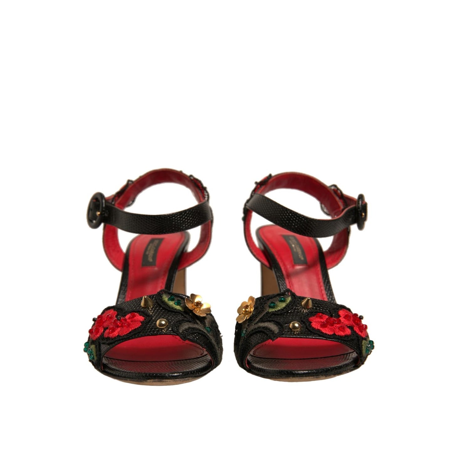 Dolce & Gabbana Black Embossed Carnation Heeled Sandals Shoes