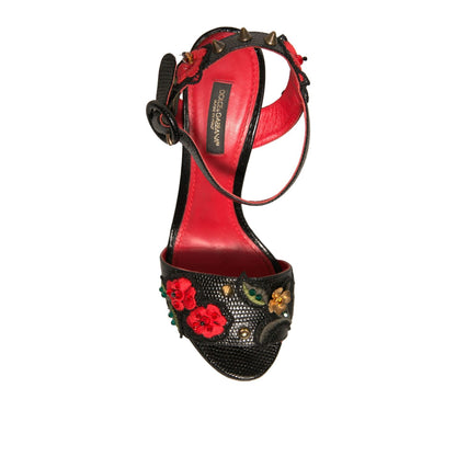 Dolce & Gabbana Black Embossed Carnation Heeled Sandals Shoes