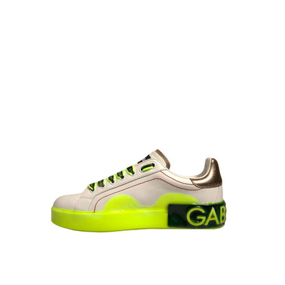 Dolce & Gabbana White Yellow Portofino Leather Sneakers Shoes