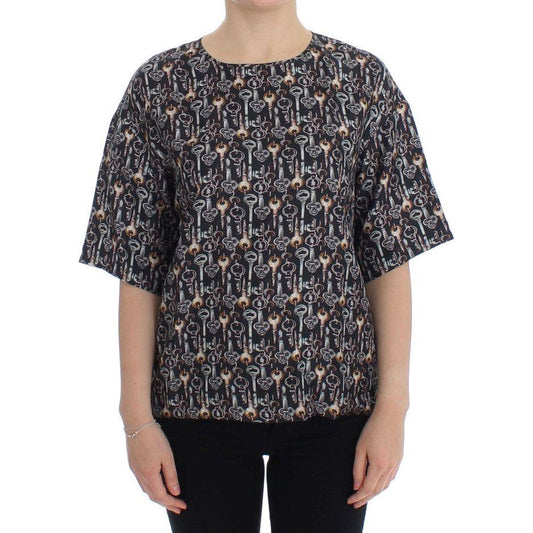 Dolce & Gabbana Gray Gold Key Print Silk Blouse T-shirt SIG13325-4