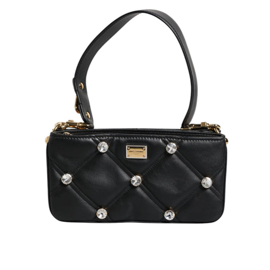 Dolce & Gabbana Black Leather Crystal Embellished Logo Shoulder Bag