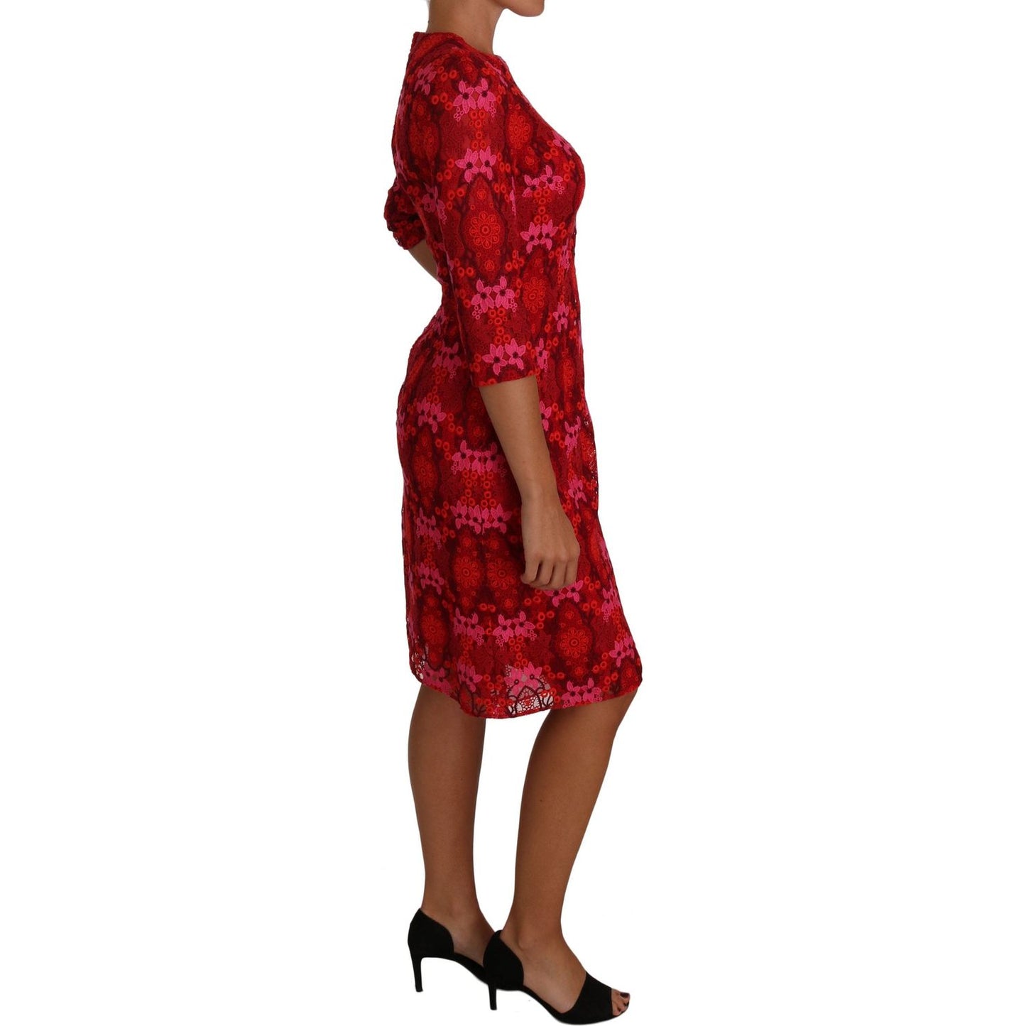 Dolce & Gabbana Floral Crochet Lace Red Pink Sheath Dress DR1458-40