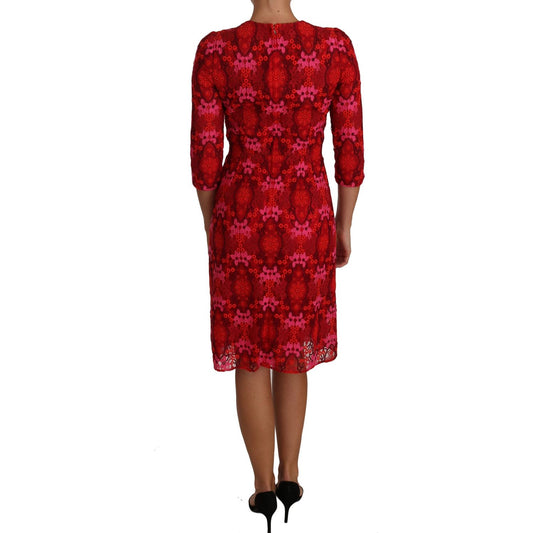 Dolce & Gabbana Floral Crochet Lace Red Pink Sheath Dress DR1458-40