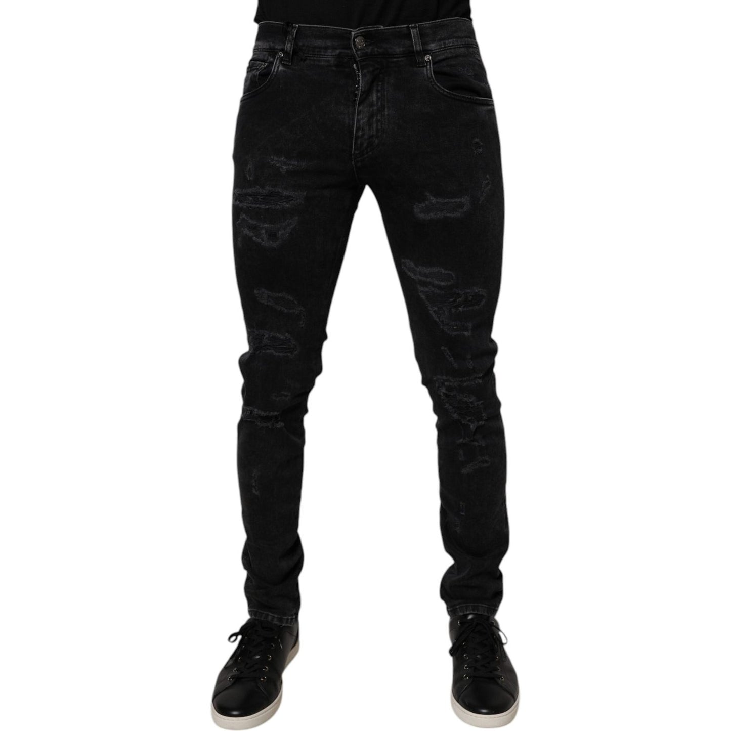 Dolce & Gabbana Black Tattered Cotton Skinny Men Denim Jeans