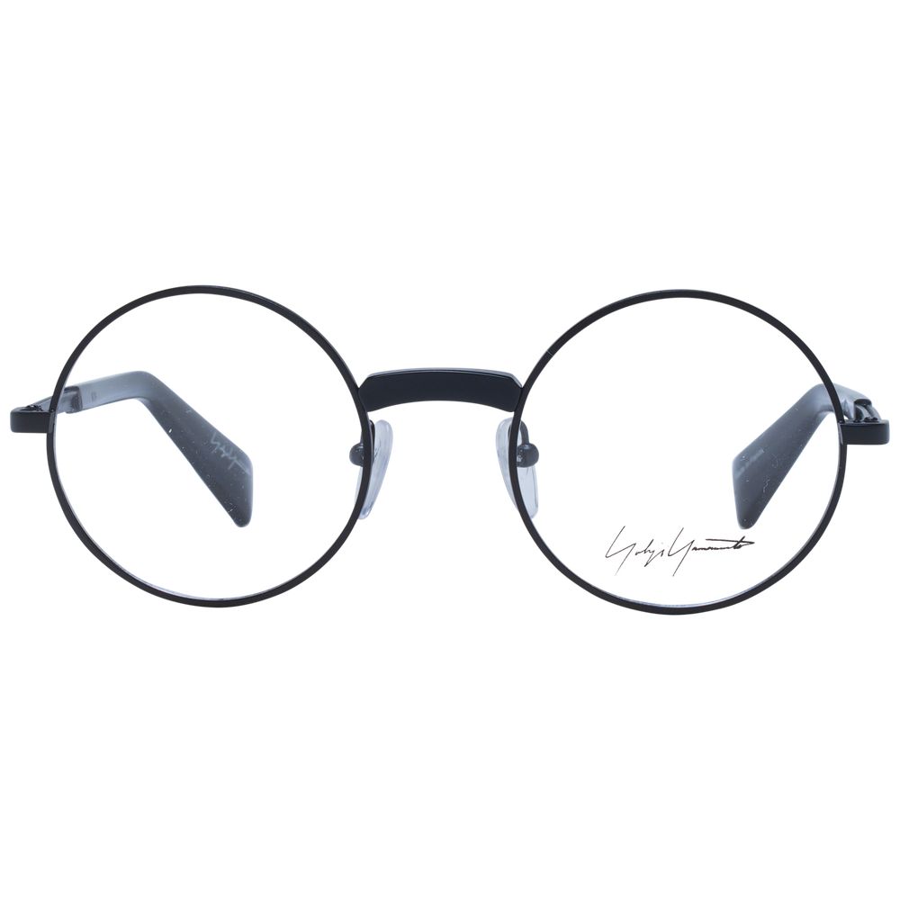 Yohji Yamamoto Black Men Glasses Frame, full-rim metal panto style with black color, includes branded soft case, size 48-21-145.