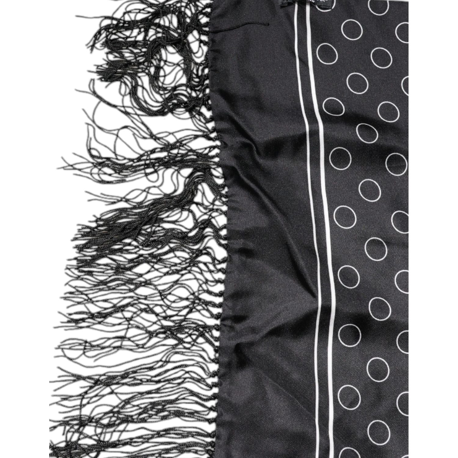 Dolce & Gabbana Black Circles Silk Fringes Shawl Wrap Scarf