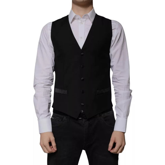 Dolce & Gabbana Black Wool Formal Dress Men Waistcoat Vest JKT87116-48
