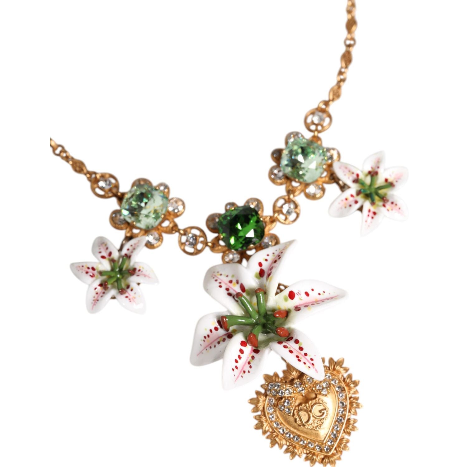 Dolce & Gabbana Gold Brass Lily Crystal Sacred Heart Pendant Necklace