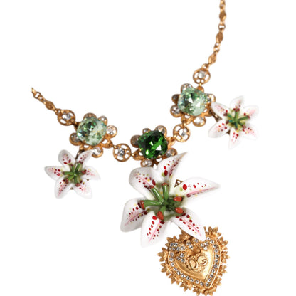 Dolce & Gabbana Gold Brass Lily Crystal Sacred Heart Pendant Necklace