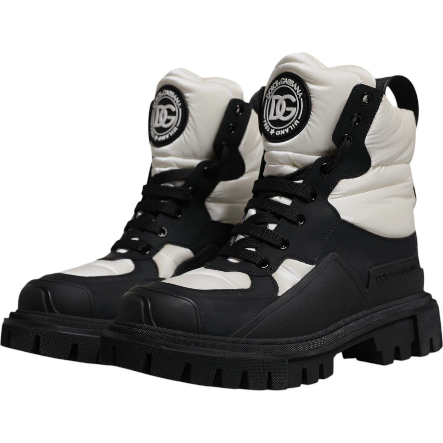 Dolce & Gabbana Black White Padded Mid Calf Lace Up Boots Shoes