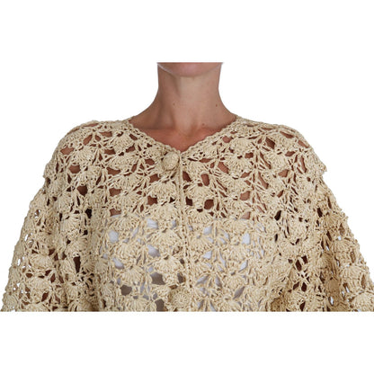 Dolce & Gabbana Beige Cardigan Crochet Knitted Raffia Sweater