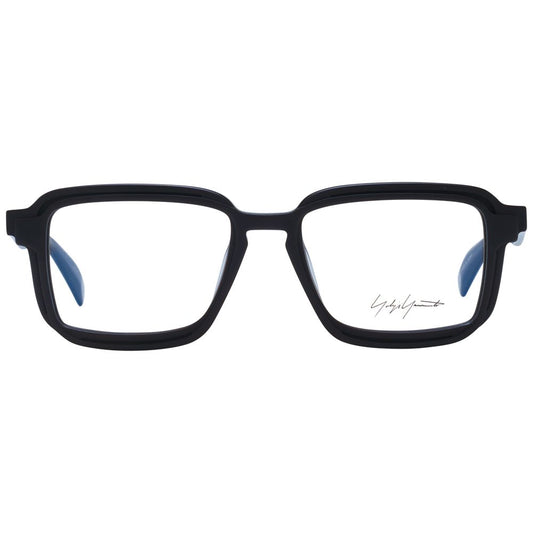 Yohji Yamamoto Black Men Glasses Frame with full-rim square style and blue-filter, size 52-18-145, includes branded soft case.