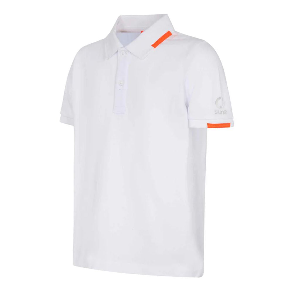 Suns White Cotton Polo Shirt with ribbed collar, logo on left sleeve, and button closure, perfect for casual and semi-formal occasions.