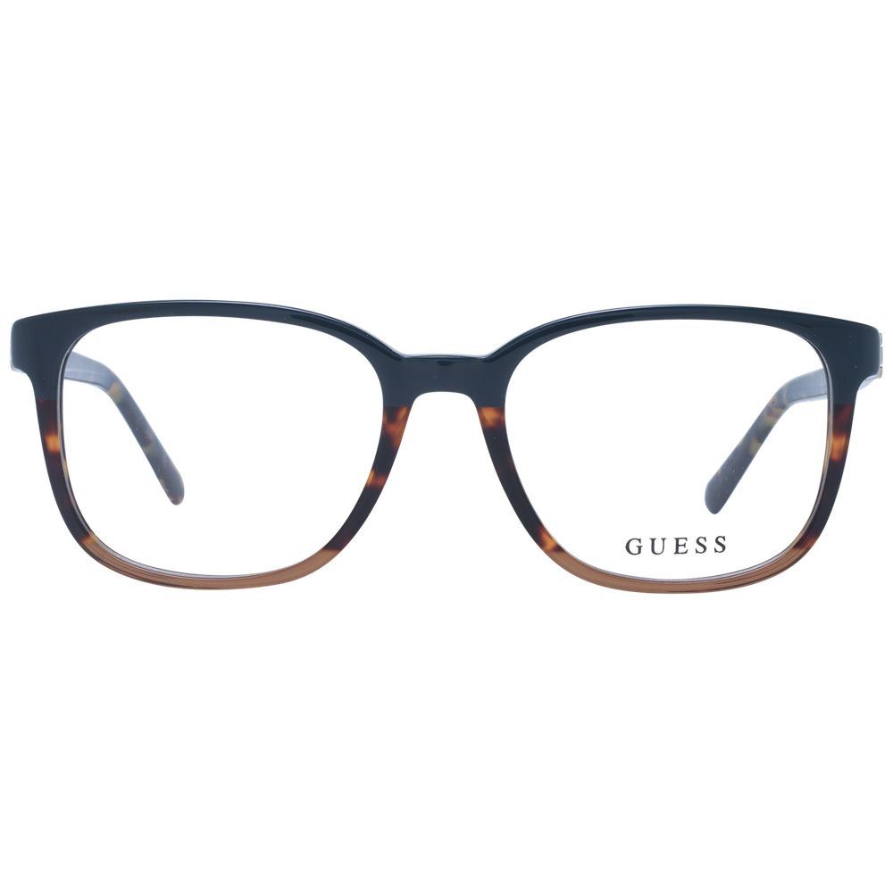 Guess Brown Men Glasses Frame in acetate with full-rim square style, demo lenses, and branded case, size 53-18-145.
