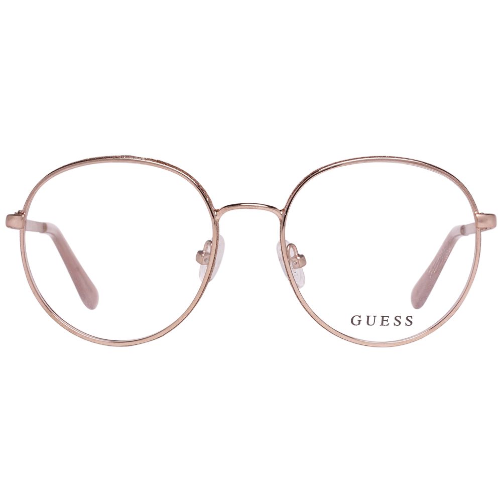 Guess Gold Women Glasses Frame in metal with full-rim panto style and demo plastic lenses, includes branded case.