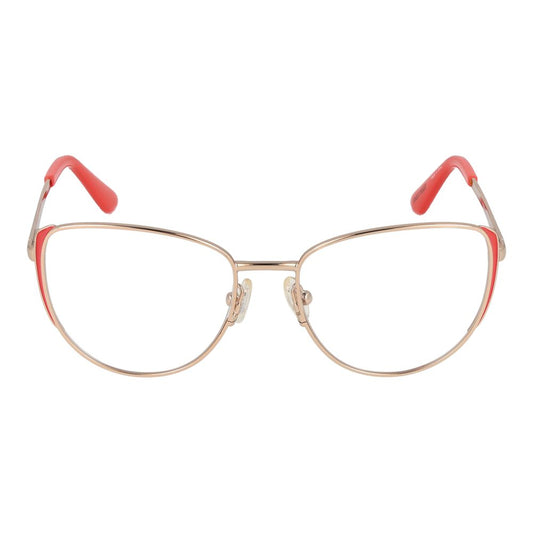 Guess Orange Women Glasses Frame, coral metal full-rim cat-eye style with spring hinge, size 50-16-140, includes branded case.