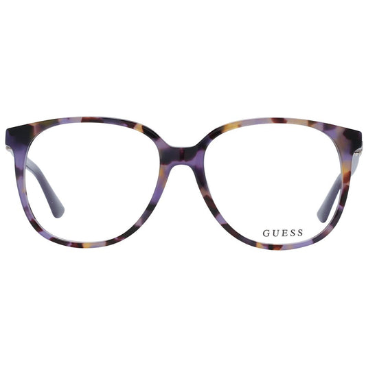 Guess Purple Women Glasses Frame with full-rim butterfly style, plastic material, and spring hinge, includes branded case.