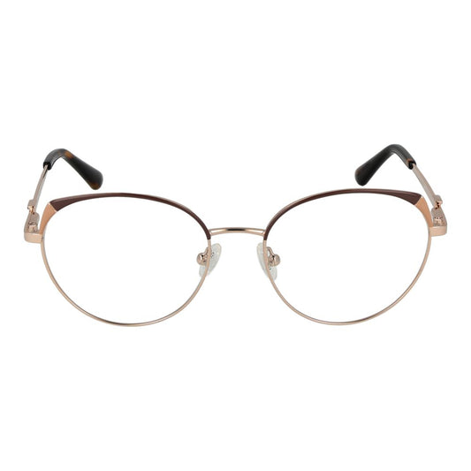 Guess Gold Women Glasses Frame with round metal full-rim design, demo lenses, and spring hinge. Stylish gold frame for women.