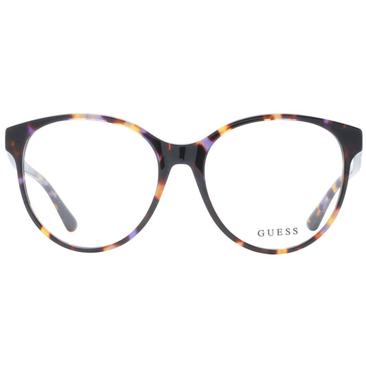 Guess Purple Women Glasses Frame in round full-rim style with demo lenses, plastic material, and spring hinge; includes branded case.