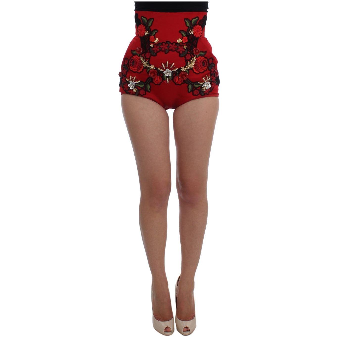 Dolce & Gabbana Red Silk Crystal Roses Shorts