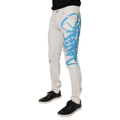 Dolce & Gabbana White Tattered Graffiti Skinny Denim Jeans
