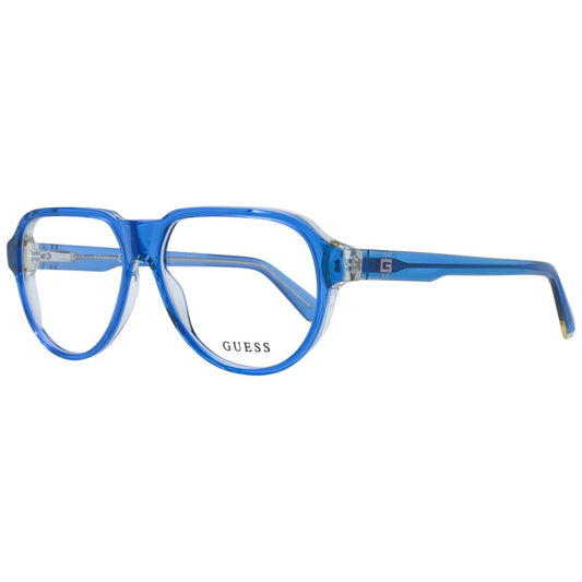 Guess Blue Men Glasses Frame in blue acetate, aviator style with full-rim. Features demo lenses, dimensions 56-14-145, includes branded case.