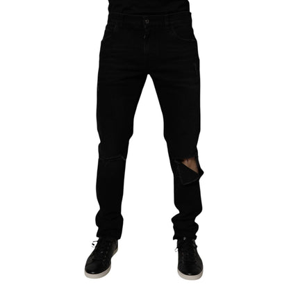 Dolce & Gabbana Black Cotton Tattered Skinny Men Denim Jeans
