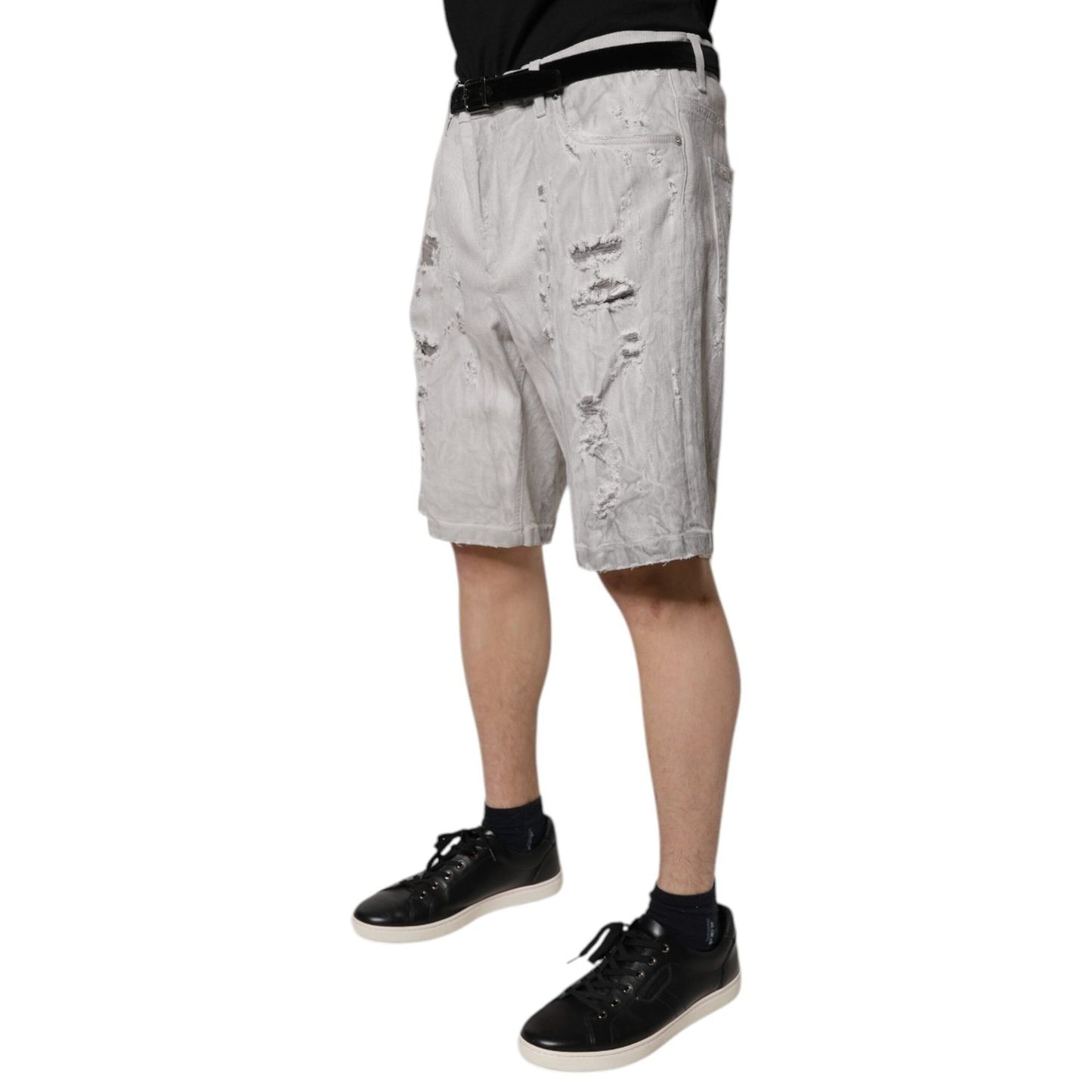 Dolce & Gabbana Light Gray Tattered Men Denim Bermuda Shorts