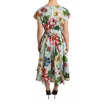 Dolce & Gabbana Green Floral Short Sleeves Cotton V-neck Dress