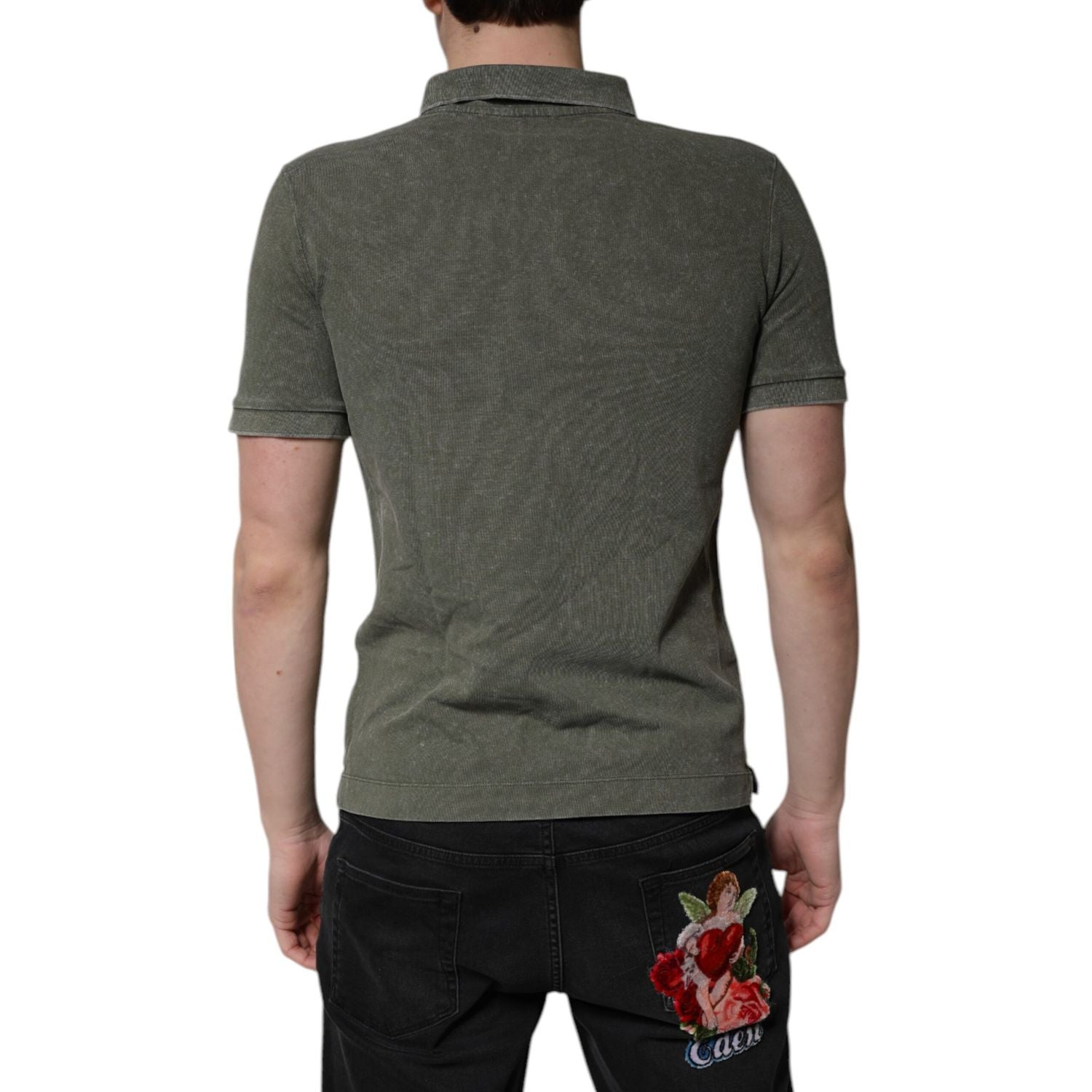 Dolce & Gabbana Army Green Logo Plaque Cotton Polo Shirt T-shirt