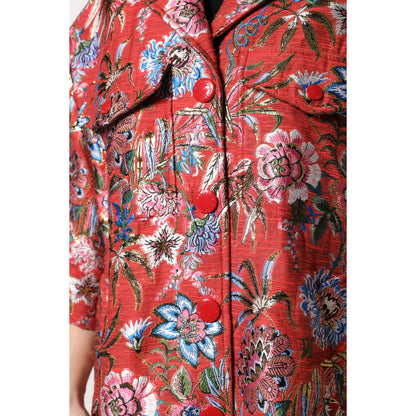 Dolce & Gabbana Red Floral Jacquard Button Down Coat Jacket