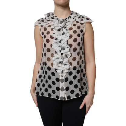 Dolce & Gabbana White Black Polka Dot Cotton Sleeveless Top
