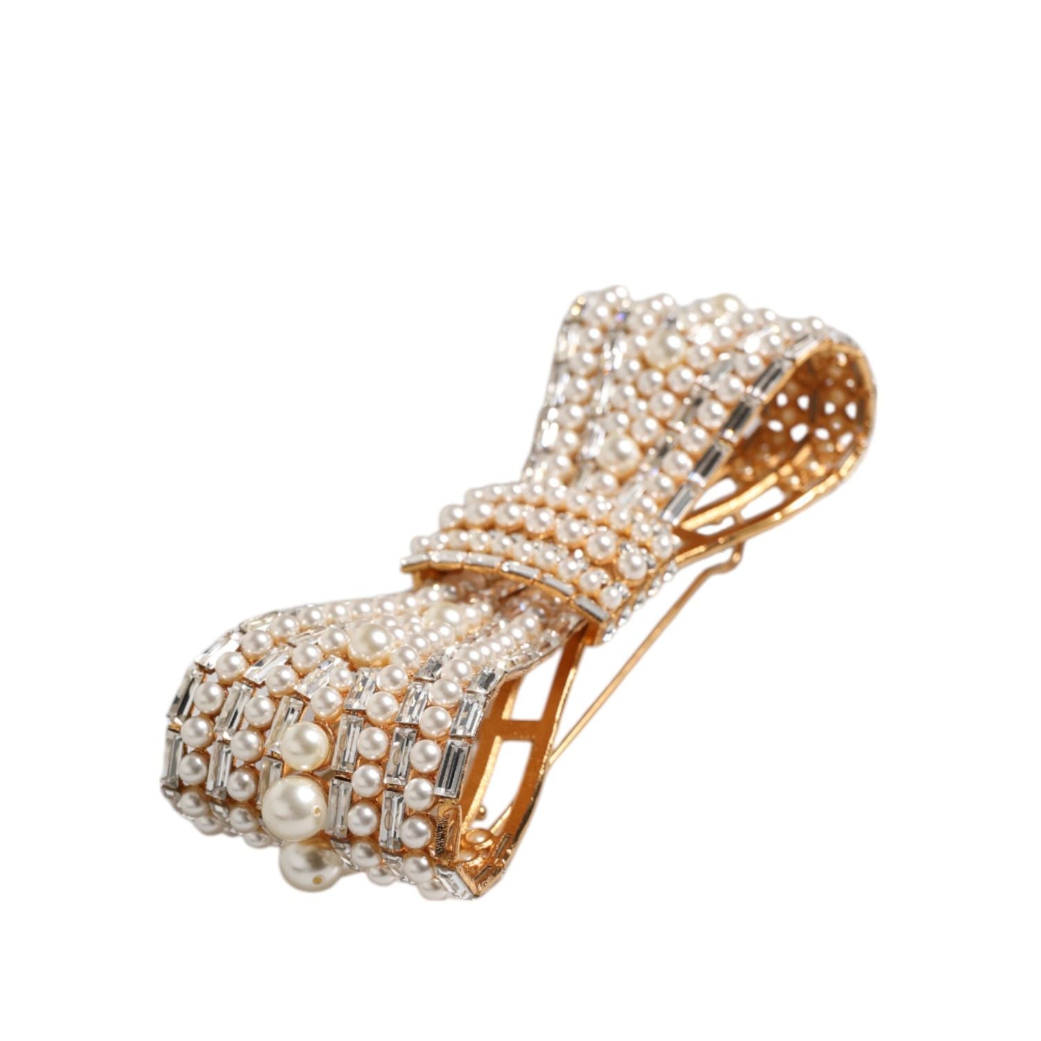 Dolce & Gabbana Gold Tone Brass Bow Crystal FauxPearl Embellished Brooch