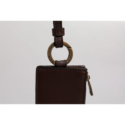 Dolce & Gabbana Brown Calf Leather Lanyard Logo Card Holder Wallet