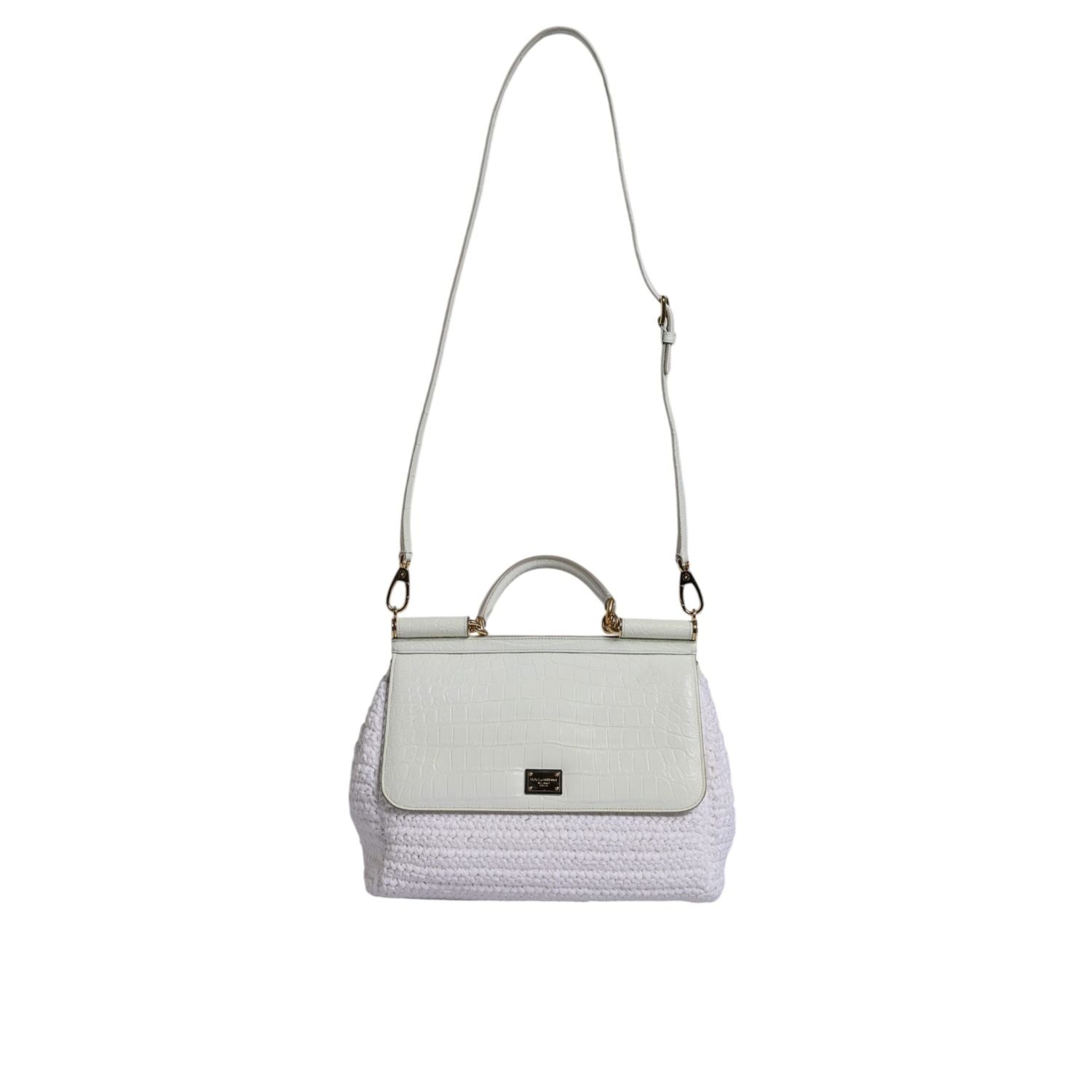 Dolce & Gabbana White Rafia Leather Top Handle Crossbody Bag